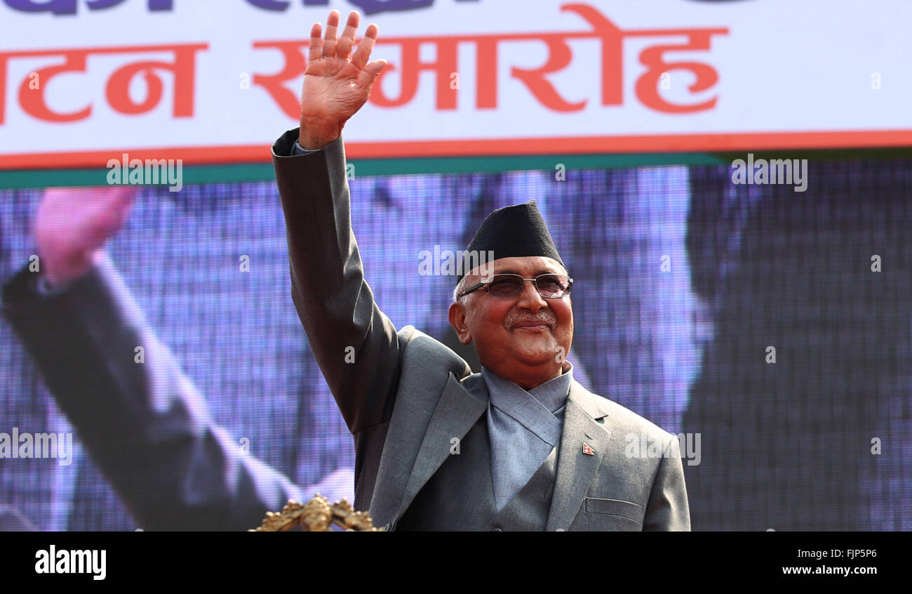 Kathmandu, Nepal. 3rd Mar, 2016. Nepalese Prime Minister KP Sharma Oli greets supporters at the 13th general convention in Kathmandu, capital of Nepal, March 3, 2016. The 13th general convention of Nepali Congress, Nepal's largest party in the parliament, kicked off here on Thursday amid a special function. Credit:  Sunil Sharma/Xinhua/Alamy Live News Stock Photo