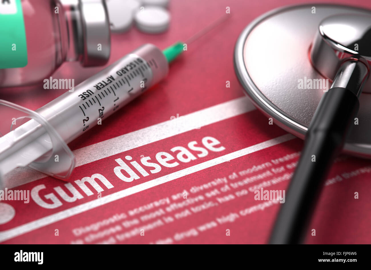 Gum disease - Printed Diagnosis on Red Background. Stock Photo
