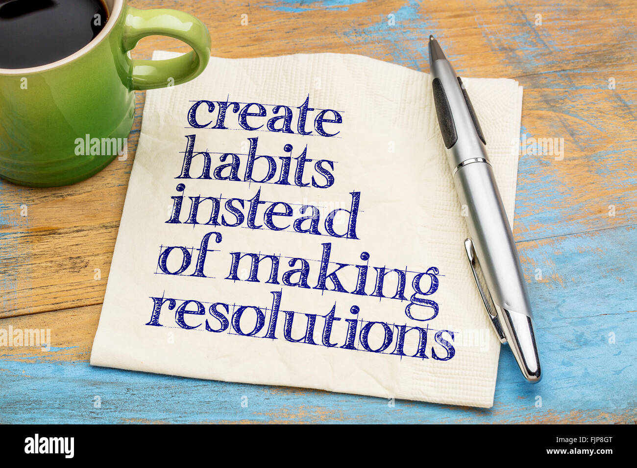 create habits instead of resolutions - motivational advice or reminder on a napkin with a cup of coffee Stock Photo