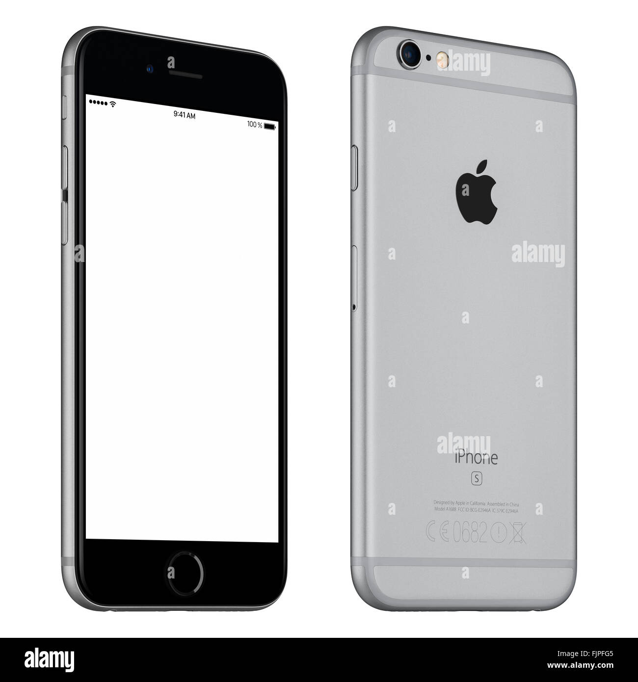 Varna, Bulgaria - October 24, 2015: Front view of Space Gray Apple iPhone 6S mockup slightly rotated with white screen Stock Photo