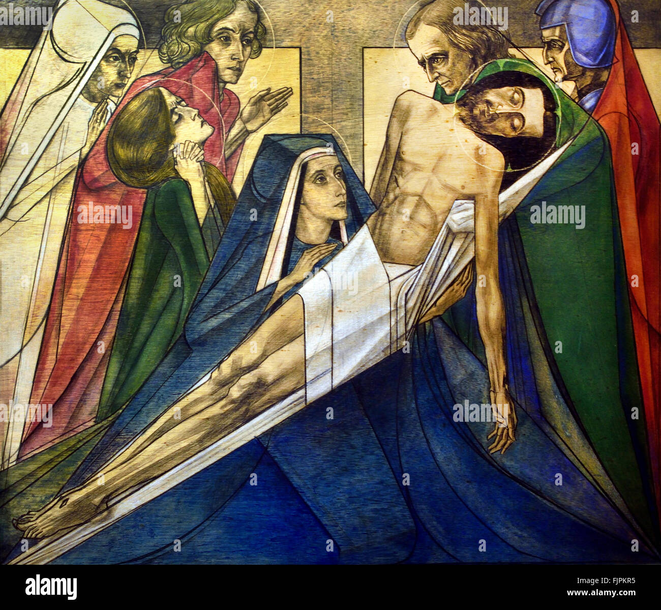 13th STATION Jesus is taken from the cross. Powerless are the hands of the living and the dead. 'Therefore, I can only weep.' KI.1.16.  - Stations of the Cross ( St. Bernulphuskerk te Oosterbeek ) Jan Toorop ( Johannes Theodorus Toorop ) 1858 – 1928 Symbolism - Art Nouveau - Pointillism painter  Dutch Netherlands Stock Photo