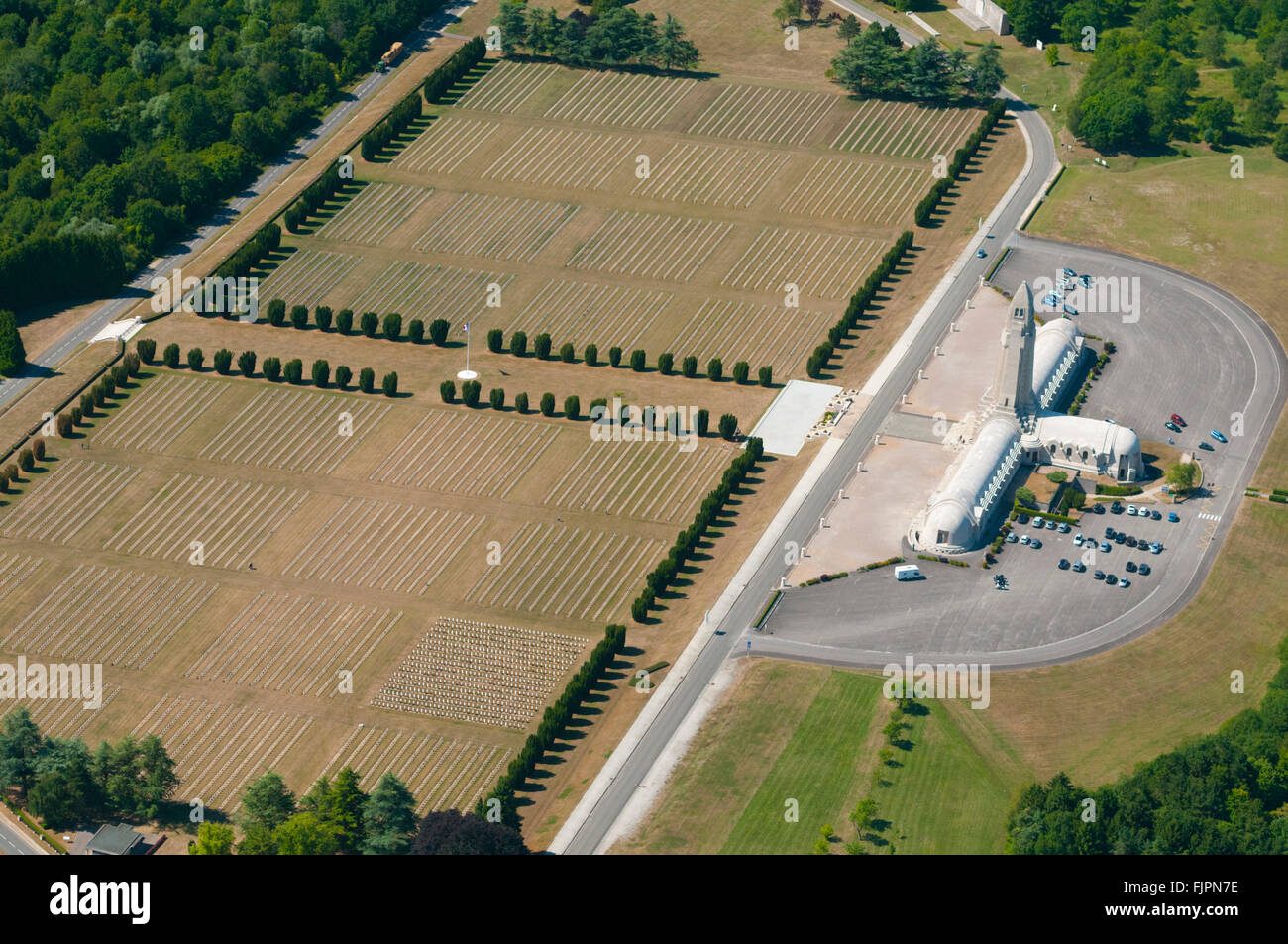 Meuse (55), Verdun, champs de batailles de la 1ere guerre mondiale, Douaumont, Ossuaire et cimetiere militaire (vue aerienne)  / Stock Photo