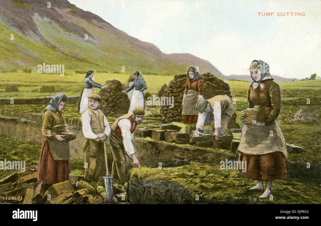 Turf cutting, Ireland, postcard Stock Photo