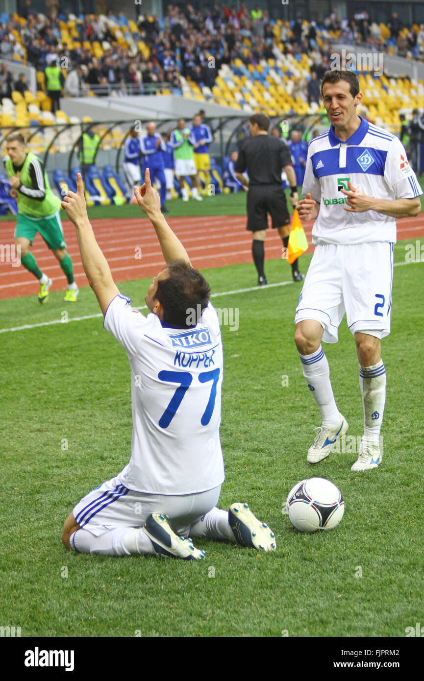 KYIV, UKRAINE - APRIL 14, 2012: FC Dynamo Kyiv players celebrate after scored a goal against Vorskla Poltava during their Ukrain Stock Photo