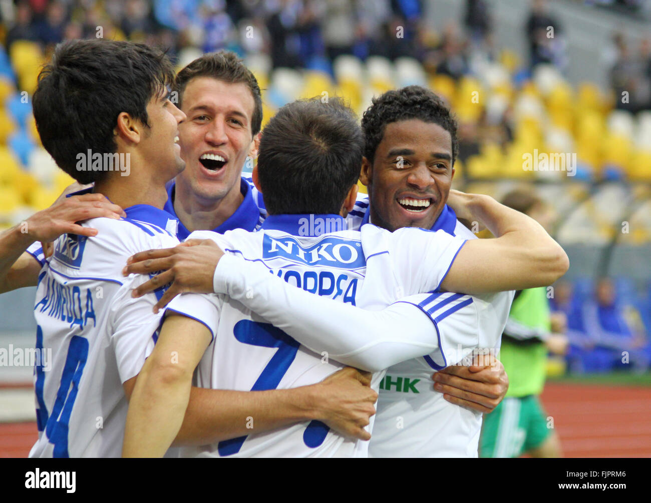 KYIV, UKRAINE - APRIL 14, 2012: FC Dynamo Kyiv players celebrate after scored a goal against Vorskla Poltava during their Ukrain Stock Photo