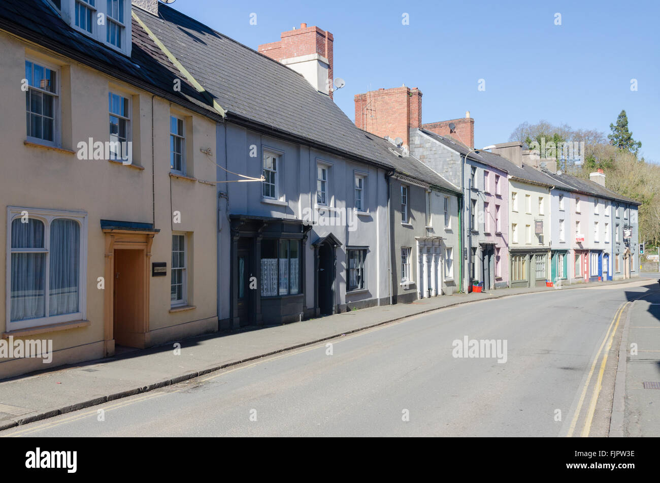 Row of colourful terraced houses in The Struet in Brecon, Powys Stock Photo