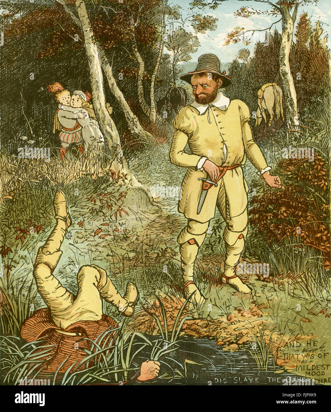 The Babes in the Wood - 'And he that was of mildest mood did slaye the other there'. Illustration by Randolph Caldecott (1846 - 1886) Stock Photo