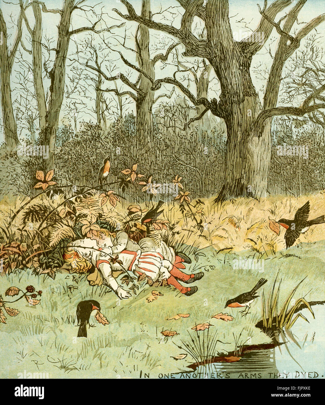 The Babes in the Wood - 'In one another's arms they dyed'. Illustration by Randolph Caldecott (1846 - 1886) Stock Photo