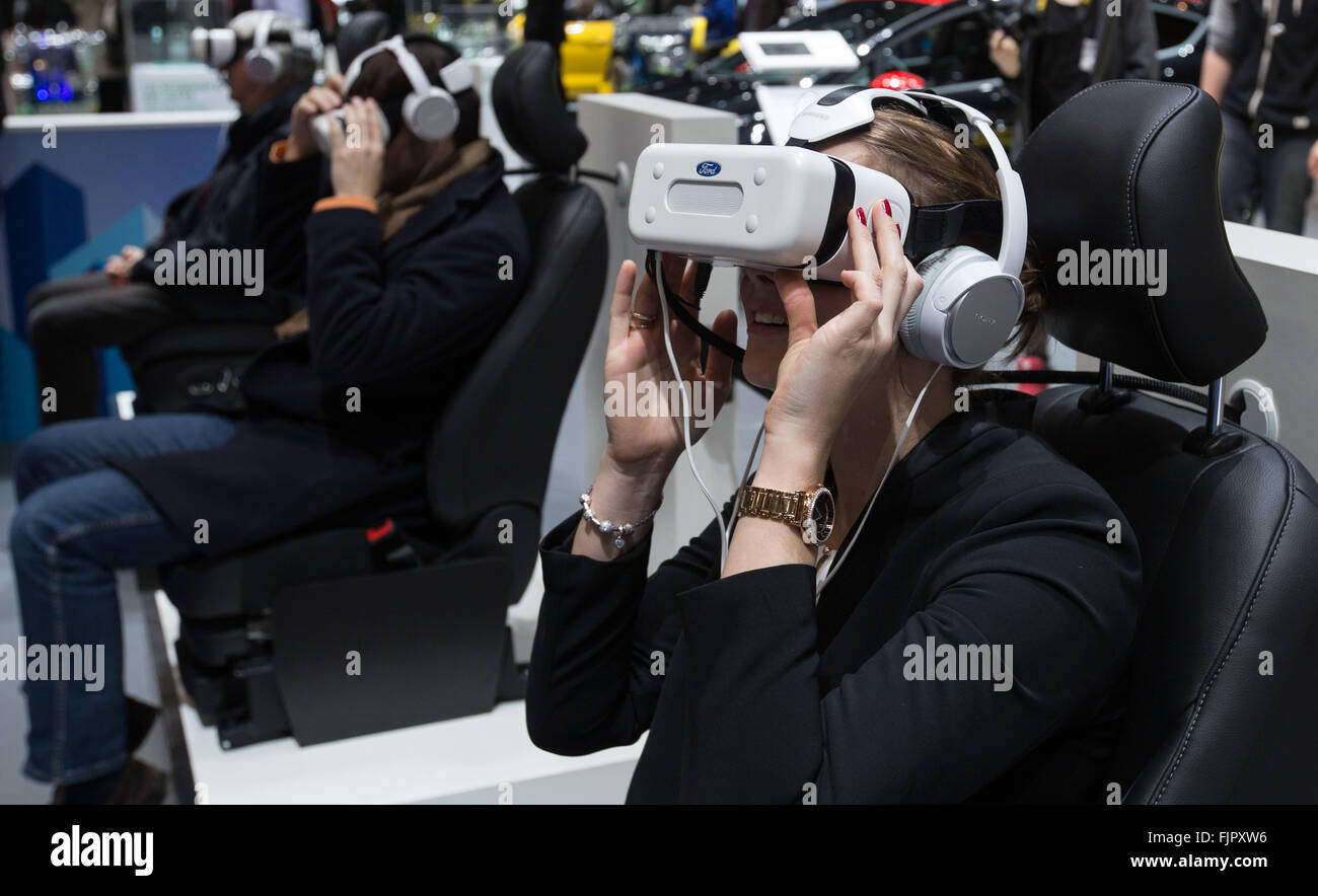 Geneva, Switzerland. 3rd Mar, 2016. Visitors use VR virtual reality