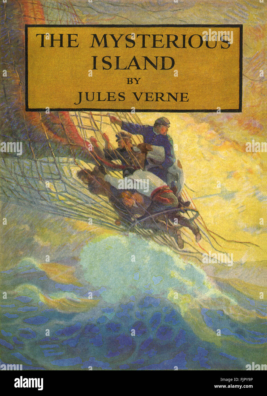 Cover of The Mysterious Island by Jules Verne . Illustrations by NC Wyeth. First published 1874.   JV French novelist 8 February 1828 – 24 March 1905. NCW: 1882-1945.   (the adventures of five Americans on an uncharted island in the South Pacific. During the American Civil War, five northern prisoners of war decide to escape, during the siege of Richmond, Virginia) Stock Photo