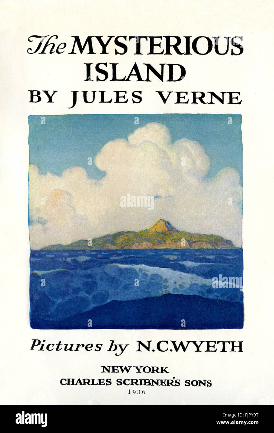 Titlepage of The Mysterious Island by Jules Verne . Illustrations by NC Wyeth. First published 1874.   JV French novelist 8 February 1828 – 24 March 1905. NCW: 1882-1945.   (the adventures of five Americans on an uncharted island in the South Pacific. During the American Civil War, five northern prisoners of war decide to escape, during the siege of Richmond, Virginia) Stock Photo