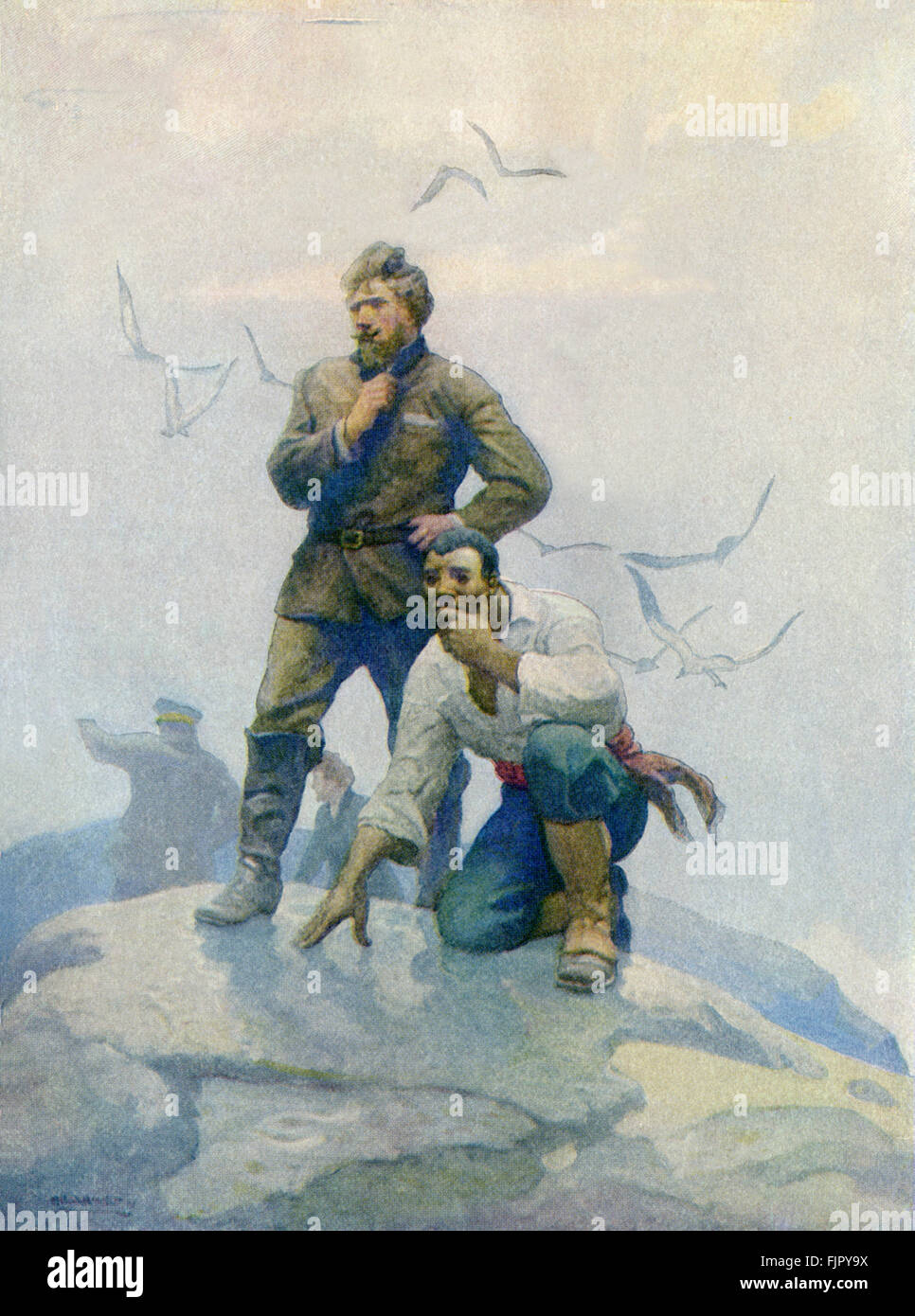 The Mysterious Island by Jules Verne . Illustrations by NC Wyeth. First published 1874. Caption reads: 'The castaways await the lifting of the fog..While the gaze of the reporter and Neb were cast upon the ocean, the sailor and Hebert looked eagerly for the cost in the west..'    JV French novelist 8 February 1828 – 24 March 1905. NCW: 1882-1945.   (the adventures of five Americans on an uncharted island in the South Pacific. During the American Civil War, five northern prisoners of war decide to escape, during the siege of Richmond, Virginia) Stock Photo