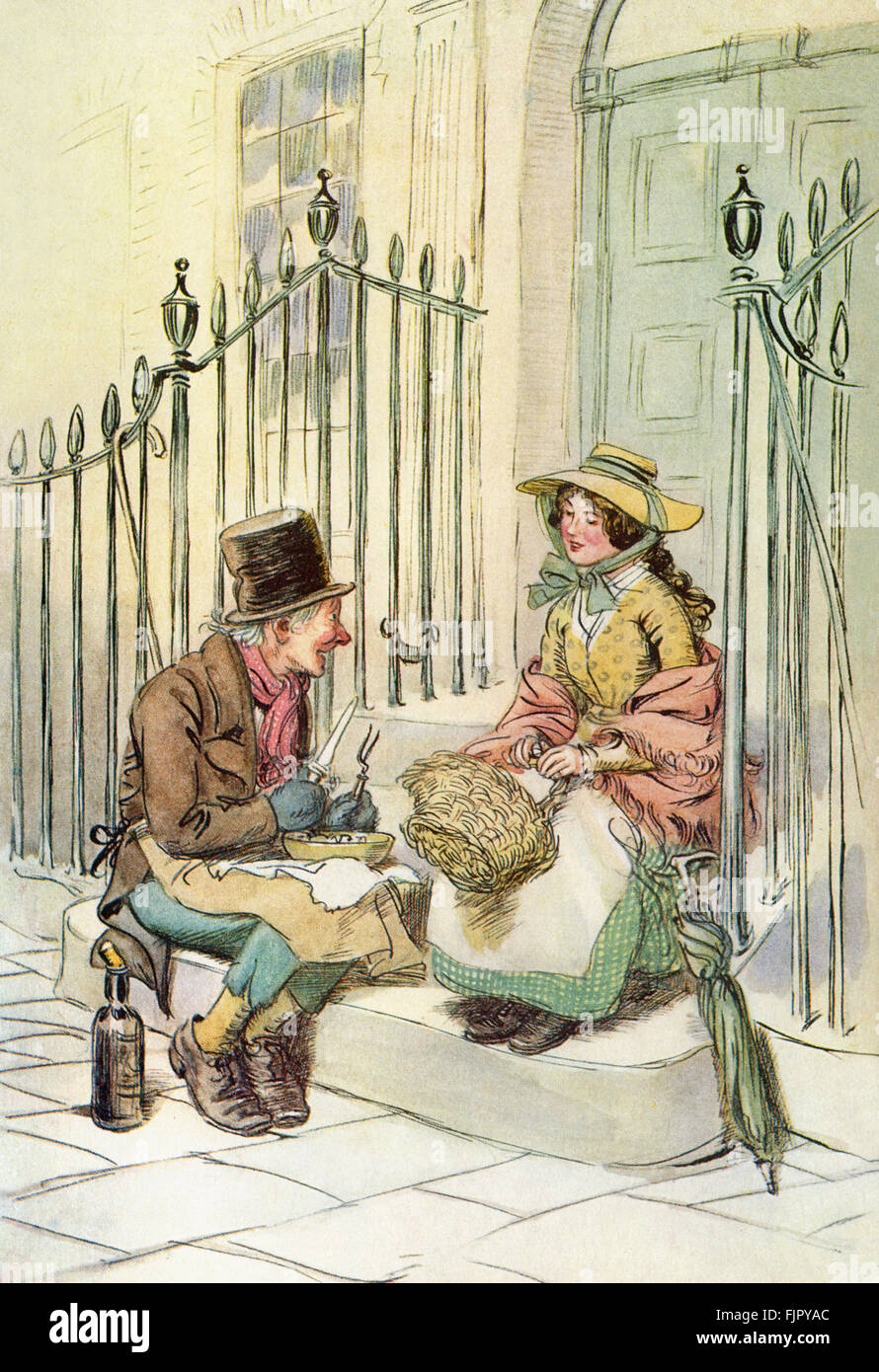 The Chimes by Charles Dickens. Illustrations by Hugh Thomson. First published 1844.  Caption reads: 'Meanwhile Toby took a long inspiration at the lid?'  shows Toby 'Trotty' Veck smelling the basket of cooked tripe his daughter Meg is holding. CD- English novelist 7 February 1812 – 9 June 1870. HT: English illustrator 1860 -1920. Stock Photo