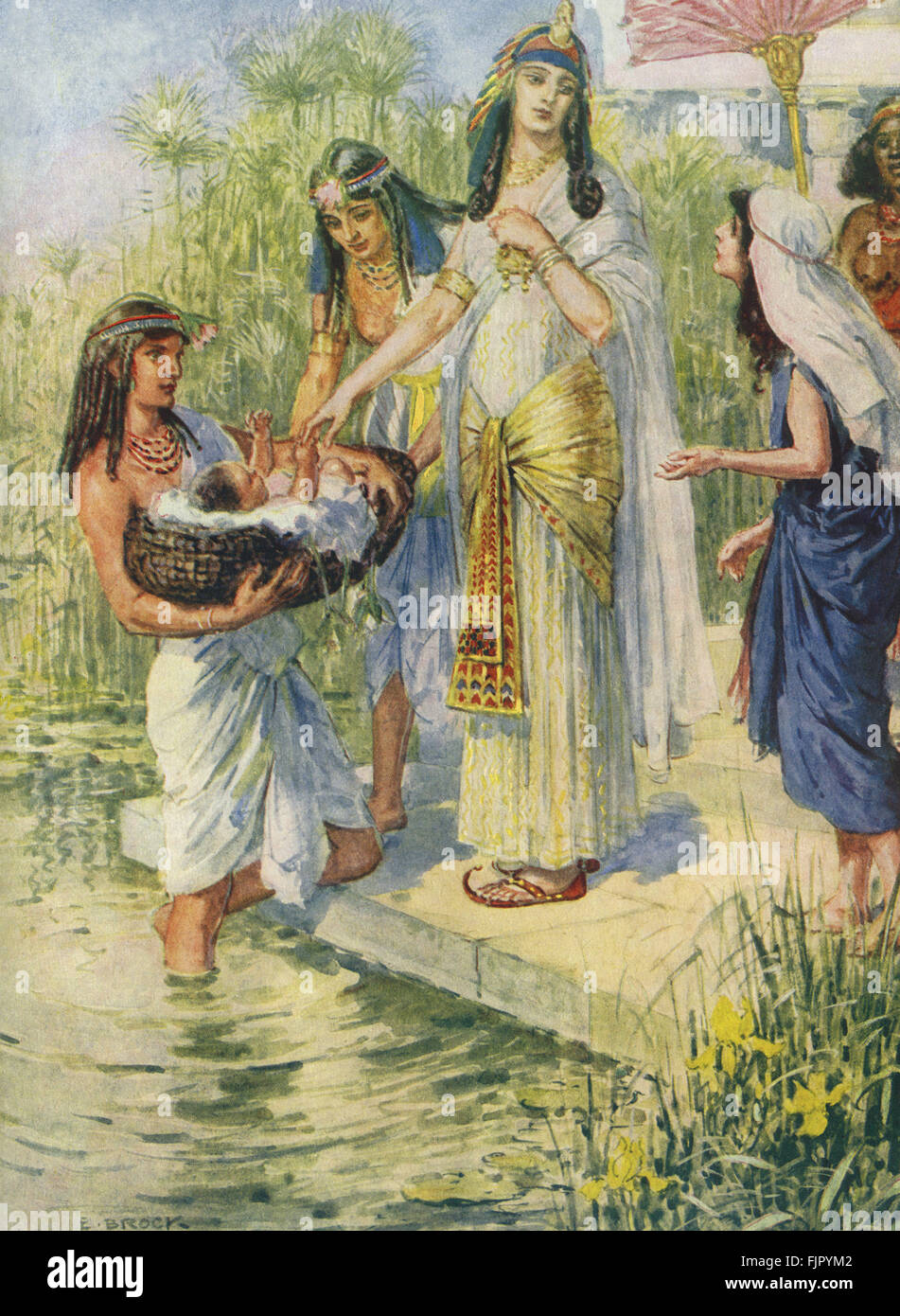 Pharoah's daughter finds baby Moses.' Then said his sister to Pharaoh's daughter, Shall I go and call to thee a nurse of the Hebrew women, that she may nurse the child for thee?' Exodus 2 / 7. Illustration by C E Brock 1870 -1938 Stock Photo