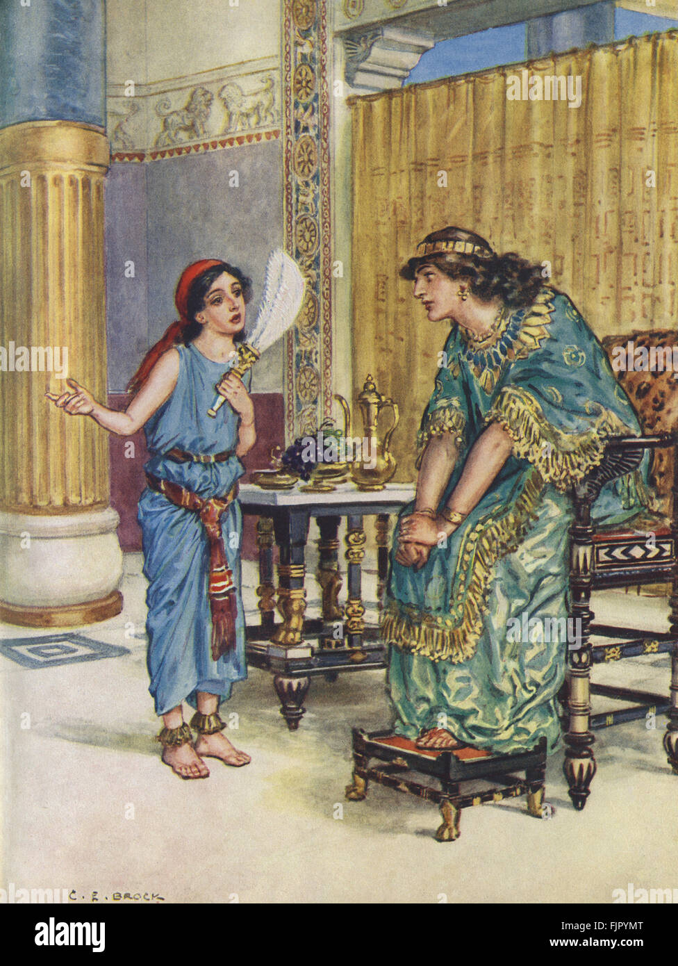 Naaman 's wife is approached by Hebrew slave girl: ''And she said unto her mistress, Would God my lord were with the prophet that is in Samaria! for he would recover him of his leprosy'. (prophet is Elisha) 1I Kings 5 /3. Illustration by C E Brock 1870 -1938 Stock Photo