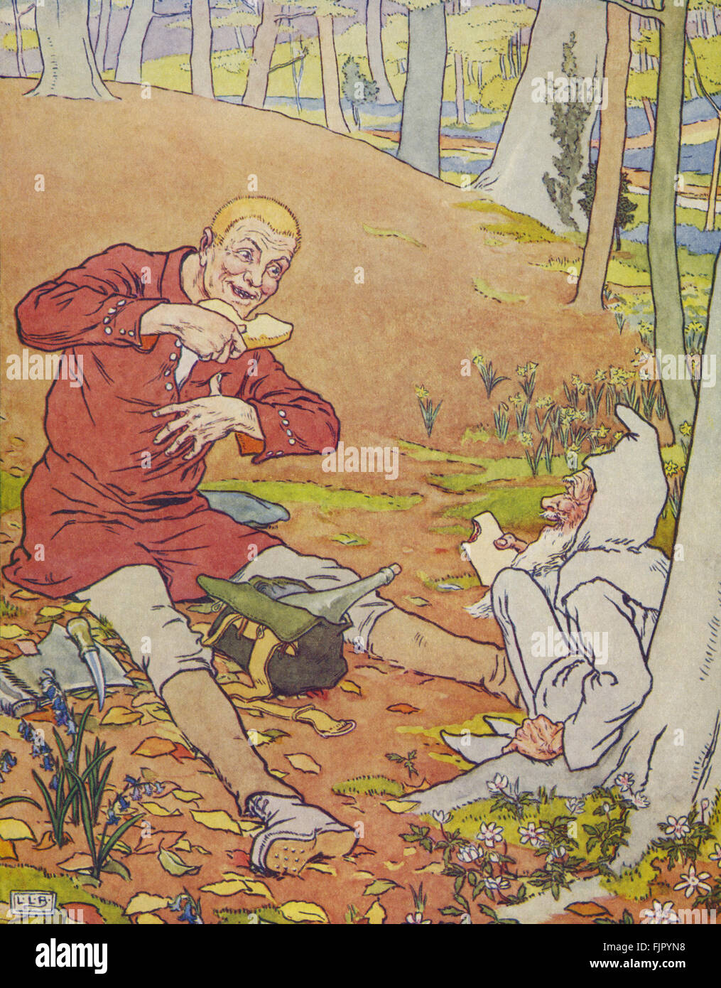 The Golden Goose - the Simpleton shares his food with the old man in the forest, 1905 illustration by Leonard Leslie Brooke (1862 - 1940) Stock Photo