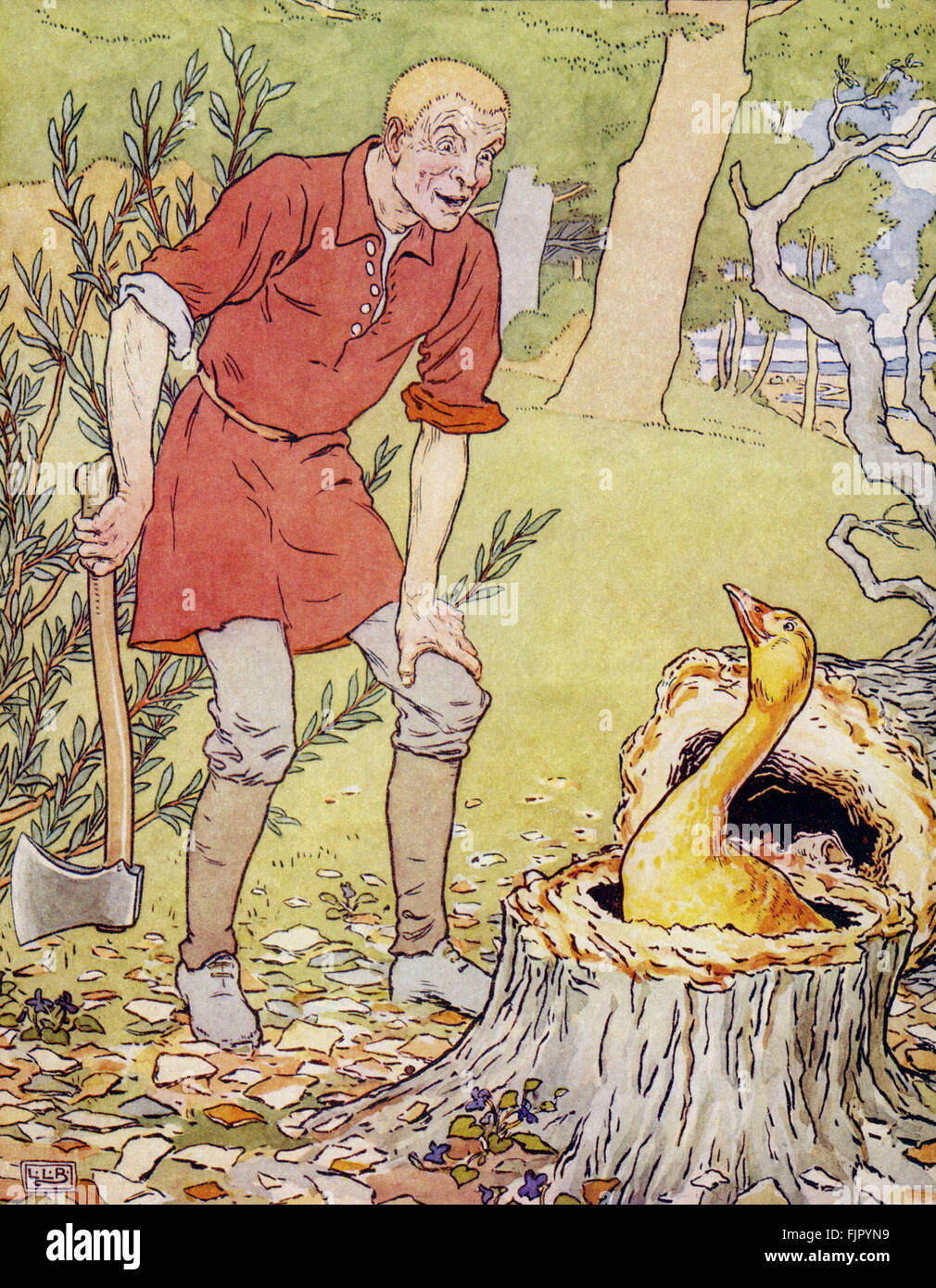 The Golden Goose - the Simpleton discovers the golden goose in the base of the tree, 1905 illustration by Leonard Leslie Brooke (1862 - 1940) Stock Photo