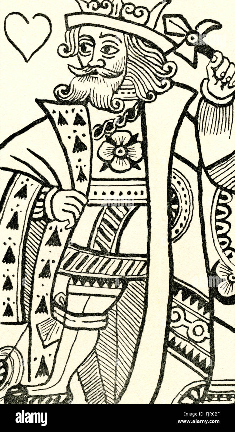 Earliest representation of the English King of Hearts - 17th century English playing card, illustration on title page of 'The Bloody Game at Cards' c. 1642 Stock Photo