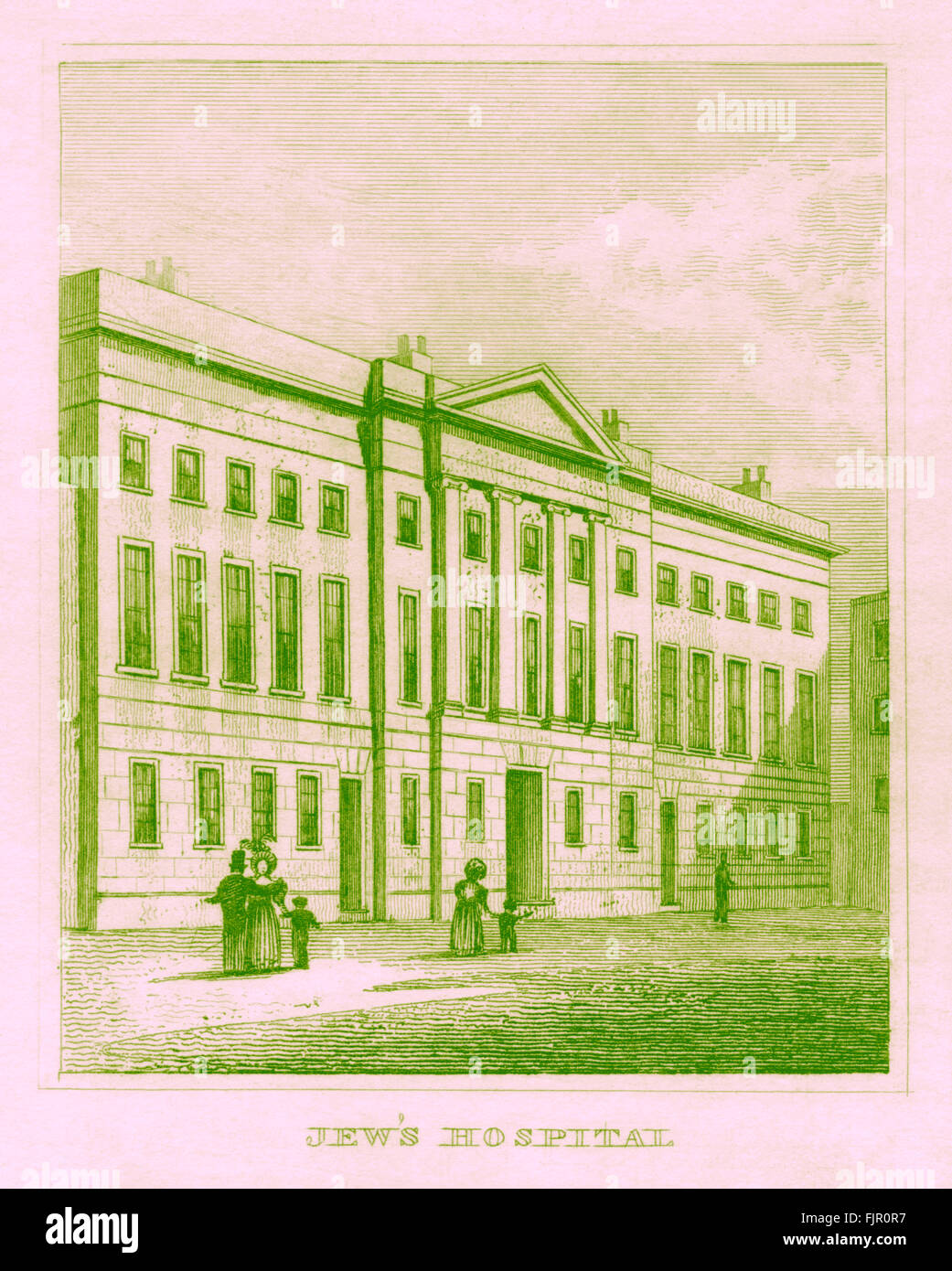 Jews' Hospital, Mile End, London. Founded in 1795. From 1835 print. Stock Photo