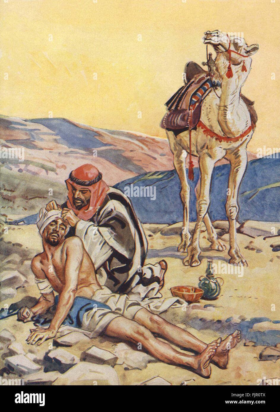 The Good Samaritan parable. 'But a certain Samaritan, as he journeyed, came where he was: and when he saw him, he had compassion on him.'Luke 10: 33  Illustration by H M Brock  11 July 1875 – 21 July 1960 Stock Photo