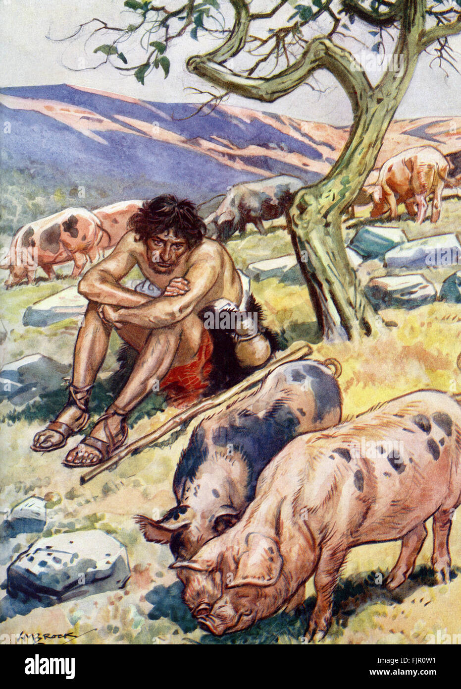 Jesus' parable of the prodigal son. 'And he would fain have filled his belly with the husks that the swine did eat: and no man gave unto him.' Luke 15:16   Illustration by H M Brock  11 July 1875 – 21 July 1960 Stock Photo