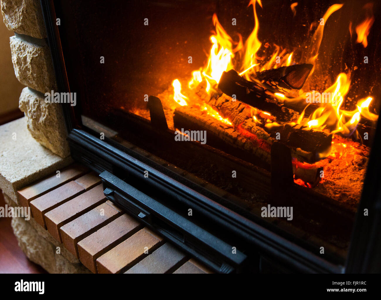 close up of burning fireplace at home Stock Photo - Alamy