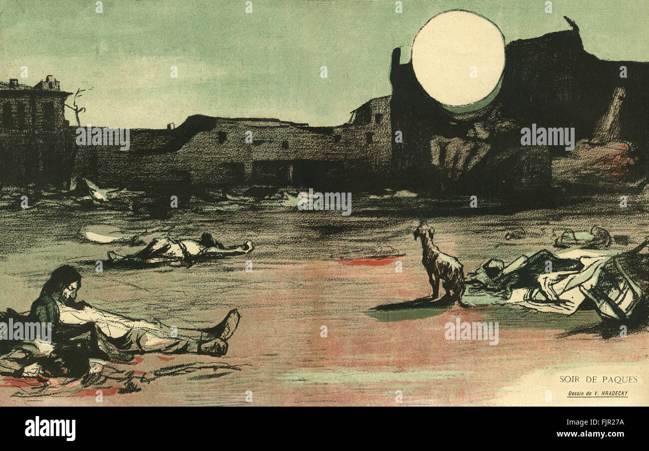 Easter evening, aftermath of Kishinev massacre (April 1903). Published in L'Assiette au Beurre - The Crimes of Tsarism and the massacres of Kishinev / Chisinau.  Illustration by Vaclav Hradecky 1865 - 1940 Stock Photo