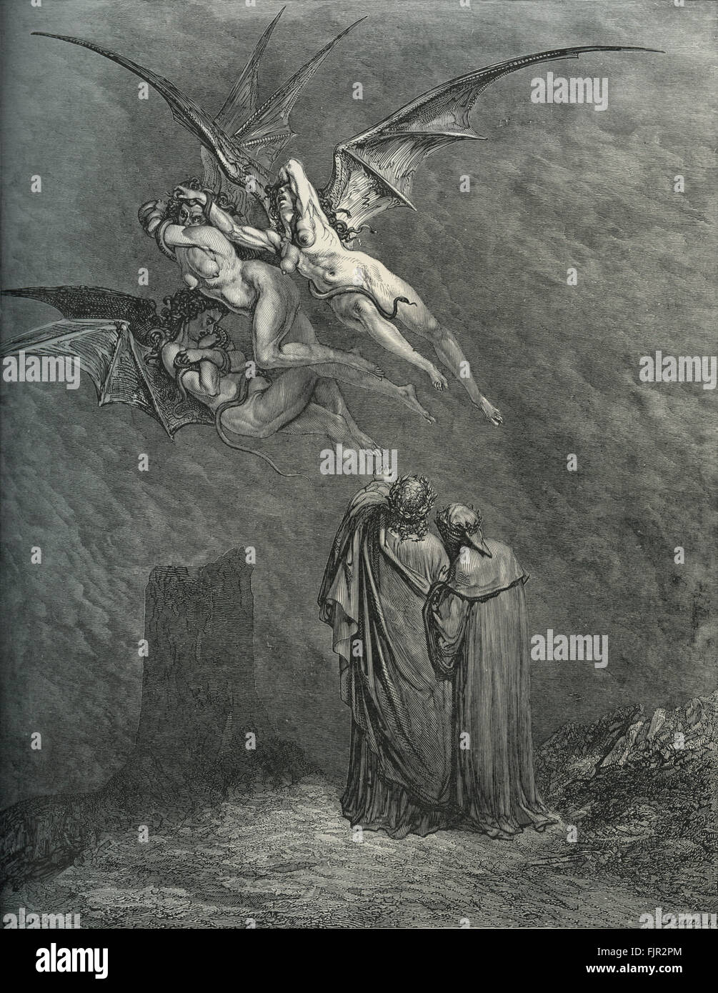 Dante Alighieri, La Divina Commedia, L'Inferno (The Divine Comedy, Hell) - Canto IX (9): illustration by Gustave Doré for line 46  'Mark thou each dire erynnis' Dante, Italian poet, c. 29 May 1265 – 13/14 September 1321. Doré, French artist, 6 January 1832 – 23 January 1883 Stock Photo