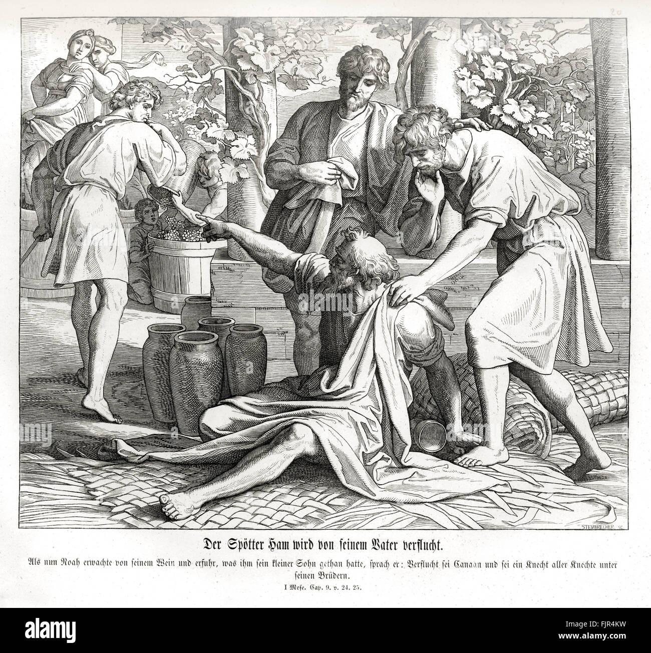 Ham sees his father's nakedness, and Noah curses him and his sons, Genesis chapter IX verses 24-25 'And Noah awoke from his wine, and knew what his younger son had done unto him.  And he said, Cursed be Canaan; a servant of servants shall he be unto his brethren.' 1852-60 illustration by Julius Schnorr von Carolsfeld Stock Photo
