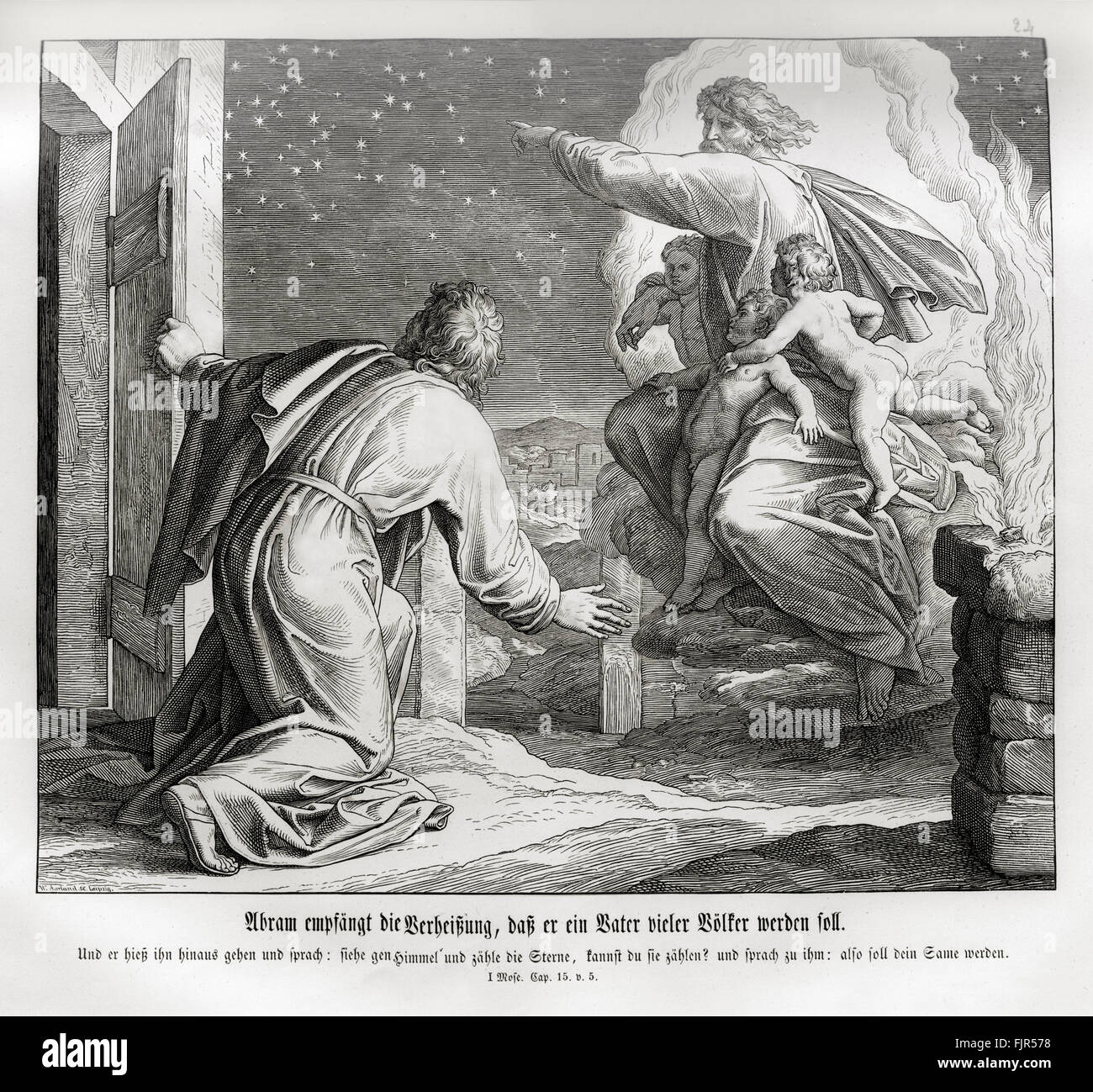Abraham hears the prophecy that he will be father of many nations, Genesis chapter XV verse 5 'And he brought him forth abroad, and said, Look now toward heaven, and tell the stars, if thou be able to number them: and he said unto him, So shall thy seed be.' 1852-60 illustration by Julius Schnorr von Carolsfeld Stock Photo