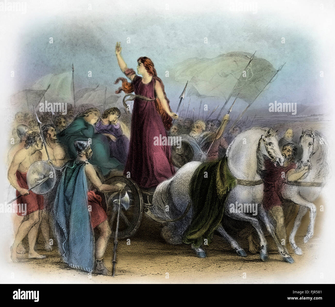 Boudica or Boadicea, Queen of the British Iceni tribe, a Celtic tribe who led an uprising against the occupying forces of the Roman Empire. Caption reads: 'Boadicea haranging the Britons.' Boudica died circa AD 60 or 61. Stock Photo