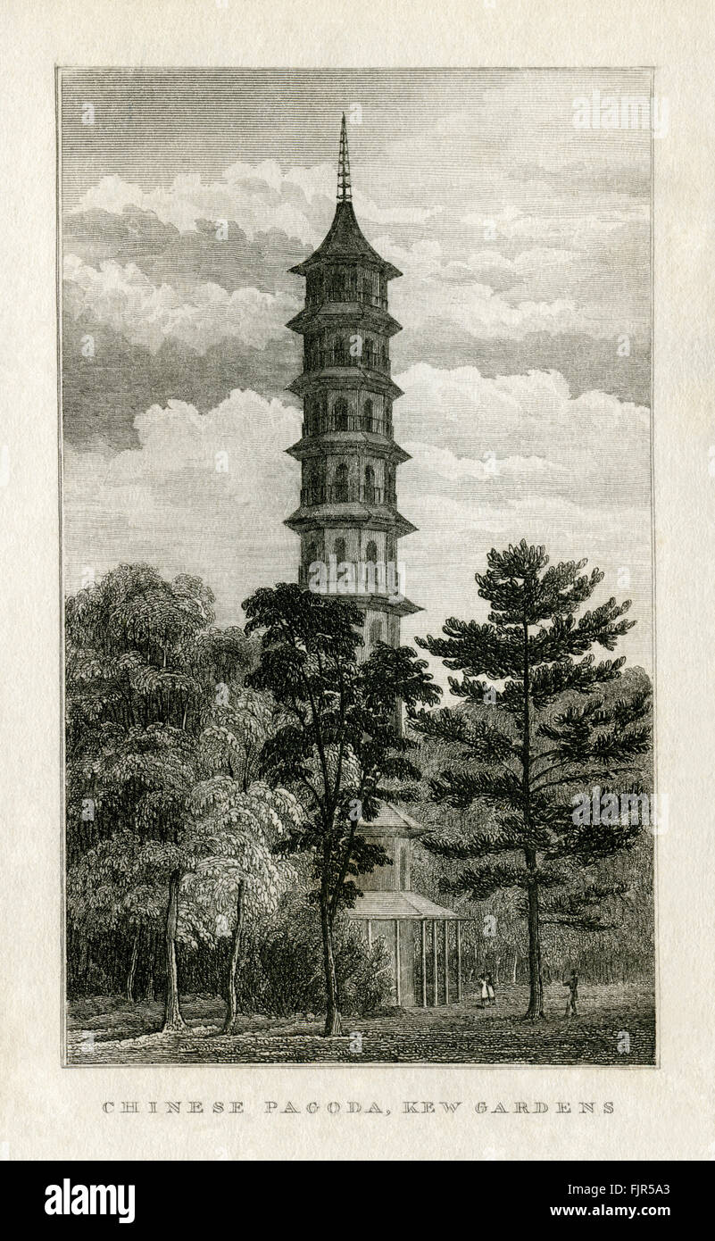 Chines Pagoda, Kew Gardens, London, 1835. Erected under the direction of William Chambers Esq. (1723 – 1796) in 1762 in imitation of the Chinese Taa. Stock Photo