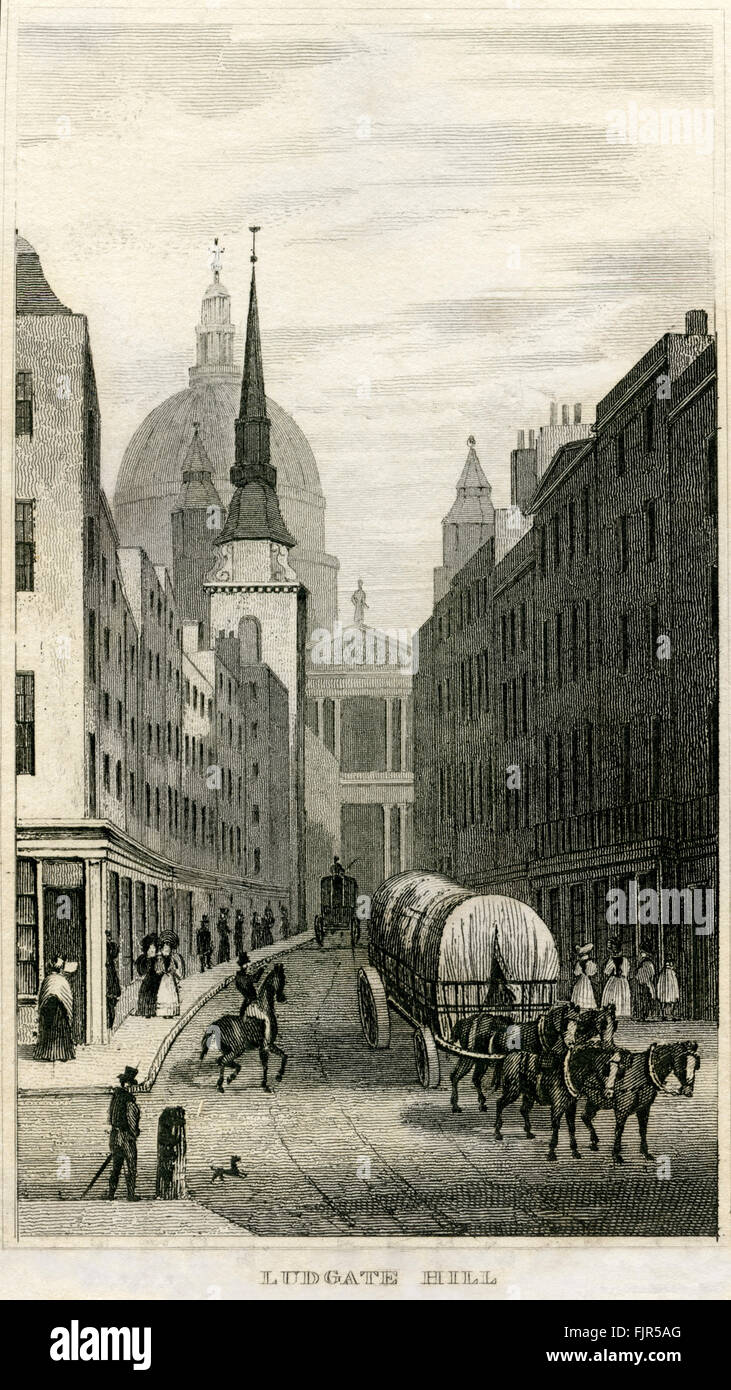 View of St Paul's Cathedral at the top of Ludgate Hill, London 1853. Built 1675–1720, designed by Sir Christopher Wren (1632 – 1723) Stock Photo
