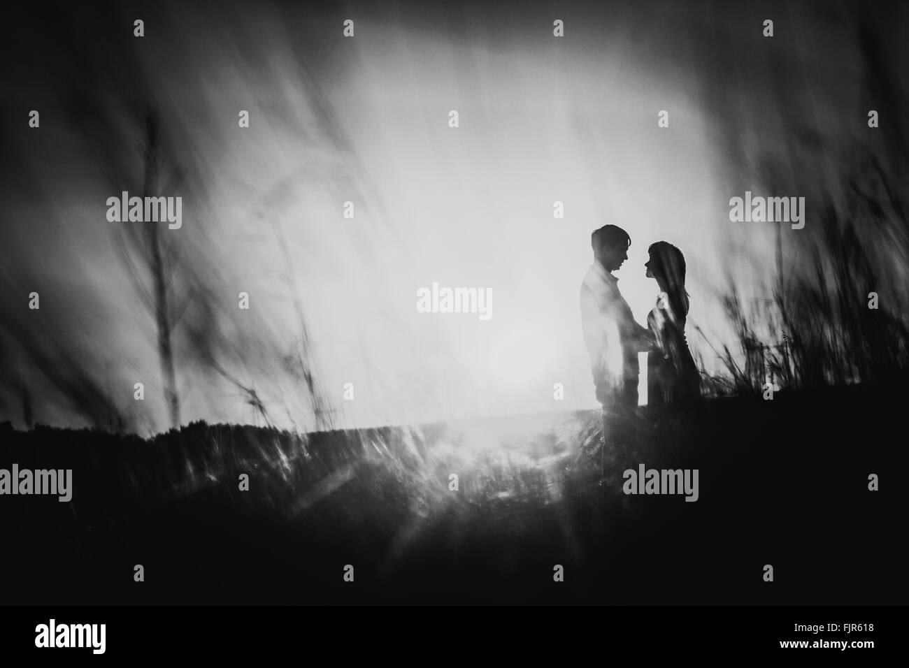 Black white photography romantic silhouette couple standing and kissing ...