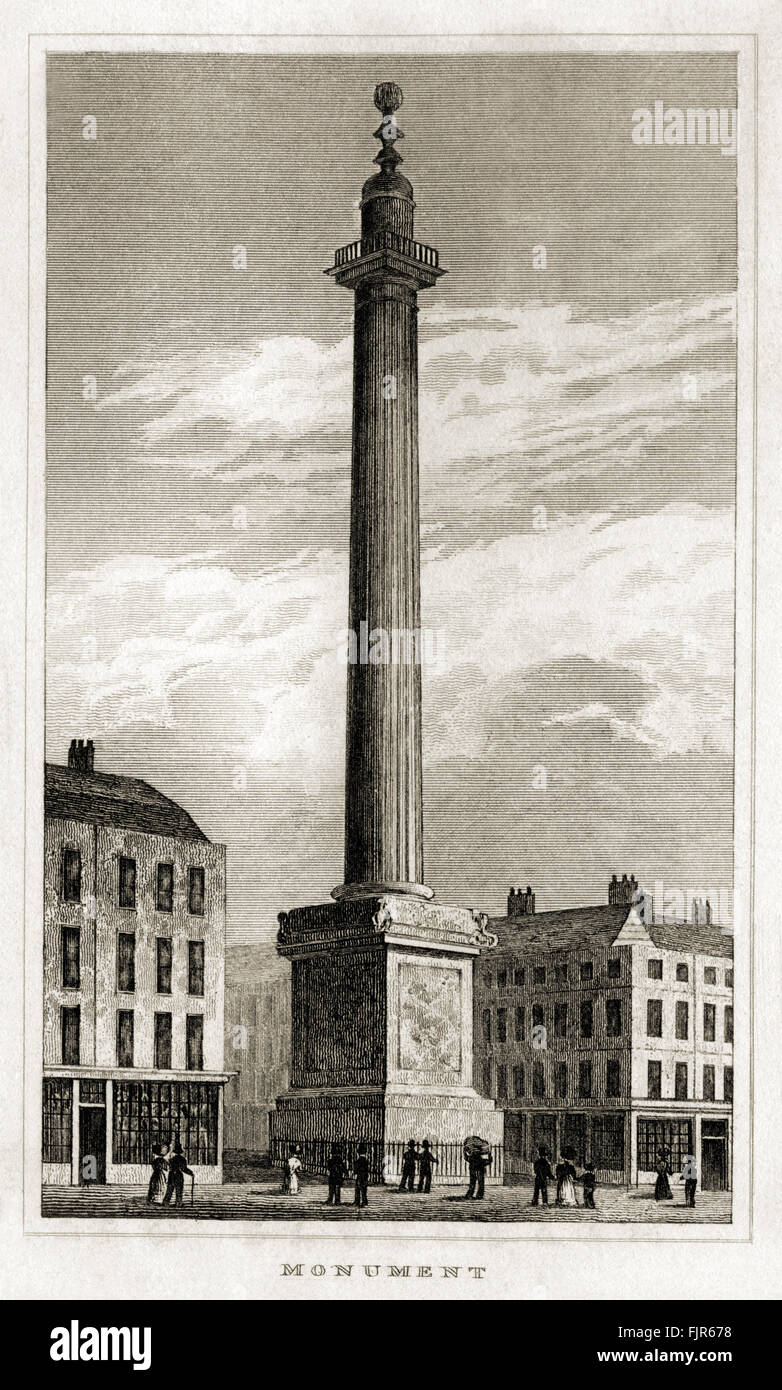 The Monument, London. Built 1670s to commemorate the Great Fire of London, designed by Sir Christopher Wren (1632 – 1723). From 1835 print Stock Photo