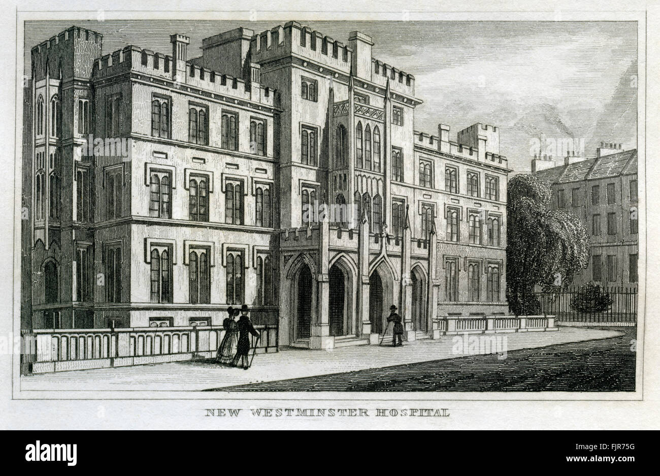 Westminster Hospital, London. Founded in 1719. From 1835 print. Stock Photo