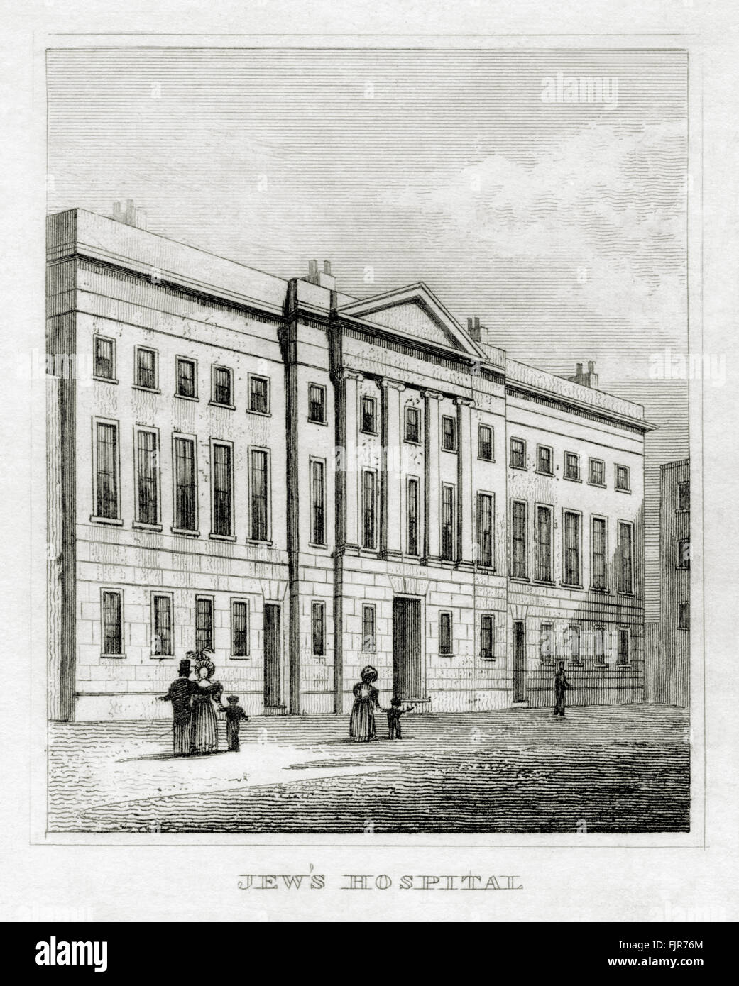 Jews' Hospital, Mile End, London. Founded in 1795. From 1835 print. Stock Photo