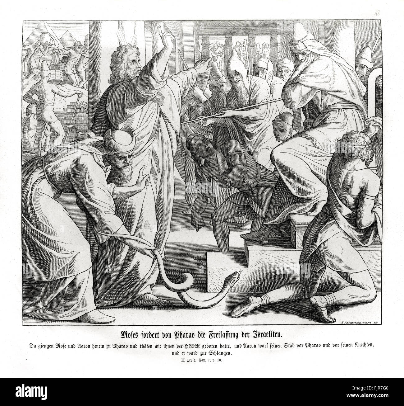 Moses demands the liberation of the Isrealites from Pharoah, Exodus chapter VII verse 10 'And Moses and Aaron went in unto Pharaoh, and they did so as the Lord had commanded: and Aaron cast down his rod before Pharaoh, and before his servants, and it became a serpent.' 1852-60 illustration by Julius Schnorr von Carolsfeld Stock Photo