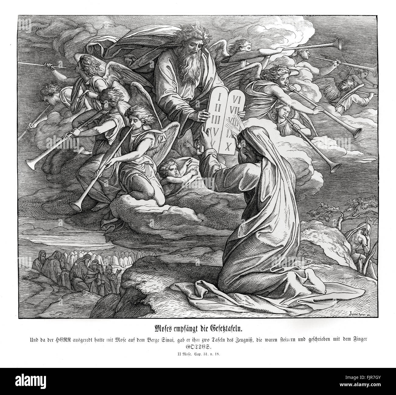 Moses receives the commandments, Exodus chapter XXXI verse 18 'And he gave unto Moses, when he had made an end of communing with him upon mount Sinai, two tables of testimony, tables of stone, written with the finger of God.' 1852-60 illustration by Julius Schnorr von Carolsfeld Stock Photo