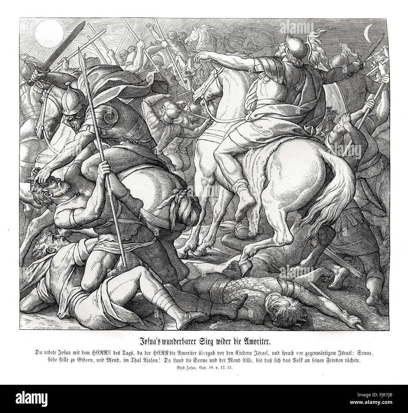 Joshua's miraculous victory over the Amorites, Joshua chapter X verses 12 - 13 'Then spake Joshua to the Lord in the day when the Lord delivered up the Amorites before the children of Israel, and he said in the sight of Israel, Sun, stand thou still upon Gibeon; and thou, Moon, in the valley of Ajalon. And the sun stood still, and the moon stayed, until the people had avenged themselves upon their enemies. Is not this written in the book of Jasher? So the sun stood still in the midst of heaven, and hasted not to go down about a whole day.' 1852-60 illustration by Julius Schnorr von Carolsfeld Stock Photo
