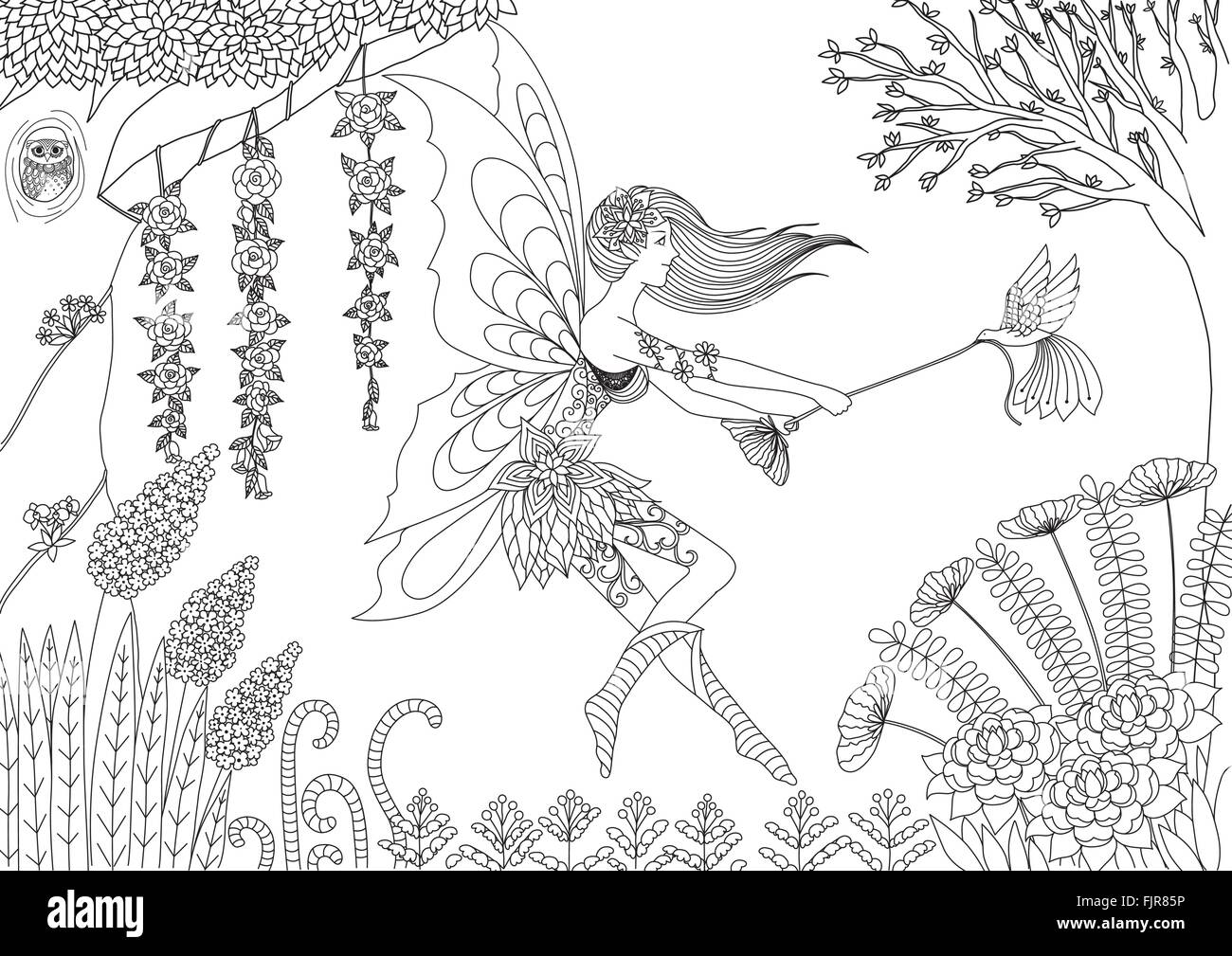 Beautiful fairy girl flying and playing with bird in beautiful forest for adult coloring book page. Stock Vector