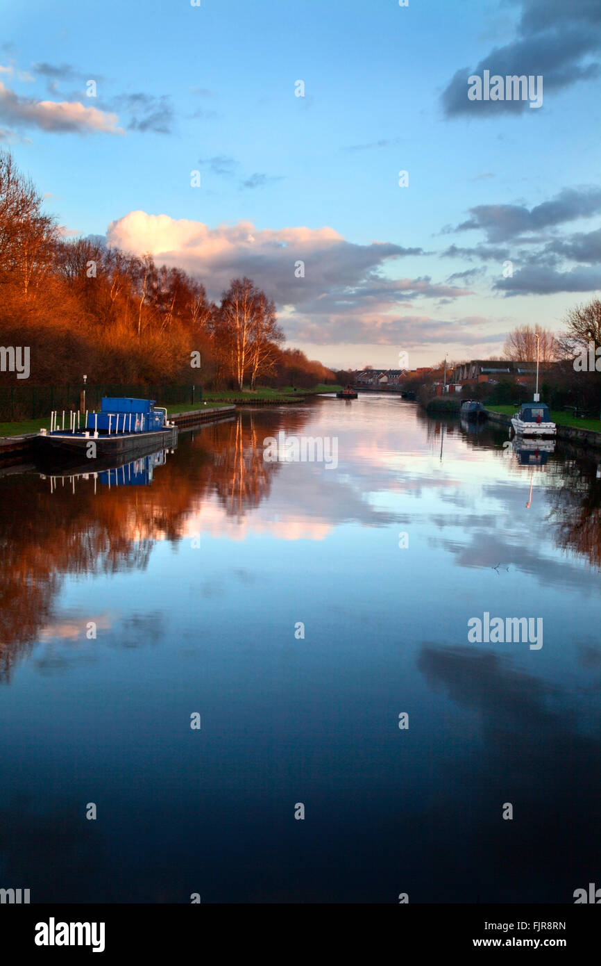 Aire and Calder Navigation at Sunset from Ferrybridge Lock Knottingley West Yorkshire England Stock Photo