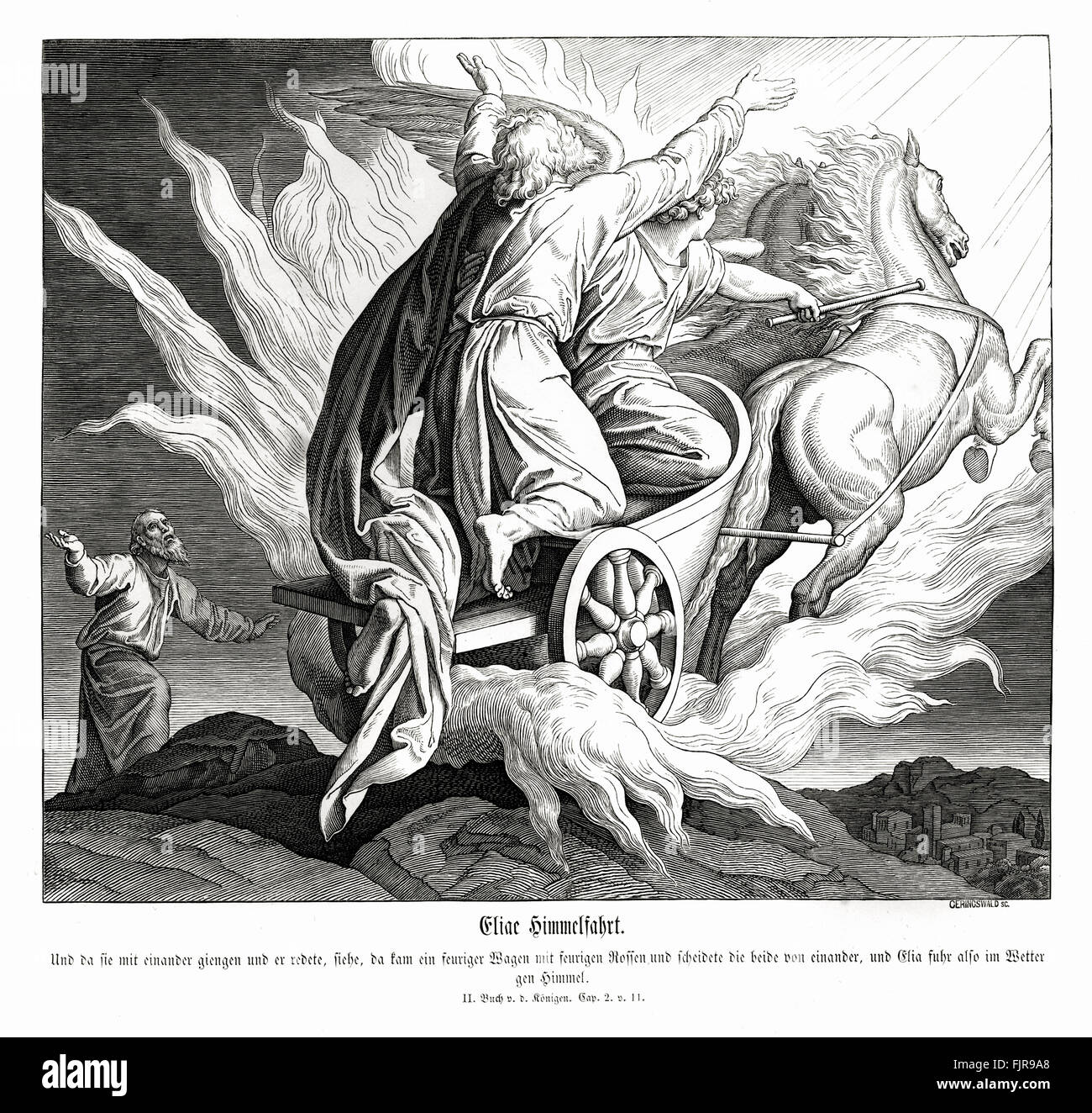 Elijah's ascension, 2 Kings chapter II verse 11 'And it came to pass, as they still went on, and talked, that, behold, there appeared a chariot of fire, and horses of fire, and parted them both asunder; and Elijah went up by a whirlwind into heaven.' 1852-60 illustration by Julius Schnorr von Carolsfeld Stock Photo