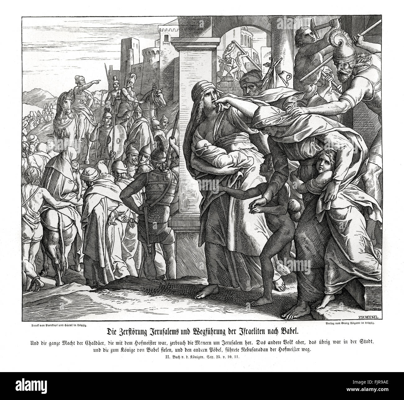 The fall of Jerusalem, the Israelites are taken to Babylon, 2 Kings chapter XXV verses 10 - 11 'And all the army of the Chaldees, that were with the captain of the guard, brake down the walls of Jerusalem round about. Now the rest of the people that were left in the city, and the fugitives that fell away to the king of Babylon, with the remnant of the multitude, did Nebuzaradan the captain of the guard carry away.' 1852-60 illustration by Julius Schnorr von Carolsfeld Stock Photo