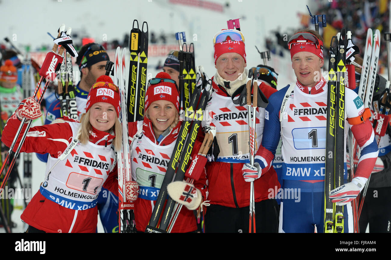 Oslo, Norway. 03rd Mar, 2016. Bronze medalists (L-R) Marte Olsbu, Tiril Eckhoff, Johannes Thingnes Boe and Tarjei Boe of Norway celebrate during the flower ceremony for the mixed relay competition at the Biathlon World Championships, in the Holmenkollen Ski Arena, Oslo, Norway, 03 March 2016. Credit:  dpa picture alliance/Alamy Live News Stock Photo