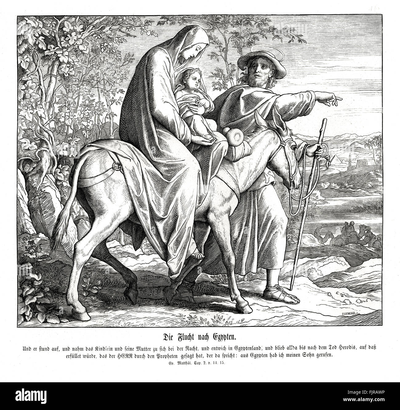 Flight into Egypt, Gospel of Matthew chapter II verses 14 - 15 'When he arose, he took the young child and his mother by night, and departed into Egypt: And was there until the death of Herod.' 1852-60 illustration by Julius Schnorr von Carolsfeld Stock Photo