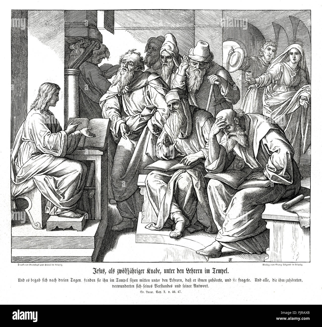 The child Jesus in the temple, Gospel of Luke chapter II verses 46 - 47 'And it came to pass, that after three days they found him in the temple, sitting in the midst of the doctors, both hearing them, and asking them questions. And all that heard him were astonished at his understanding and answers.' 1852-60 illustration by Julius Schnorr von Carolsfeld Stock Photo
