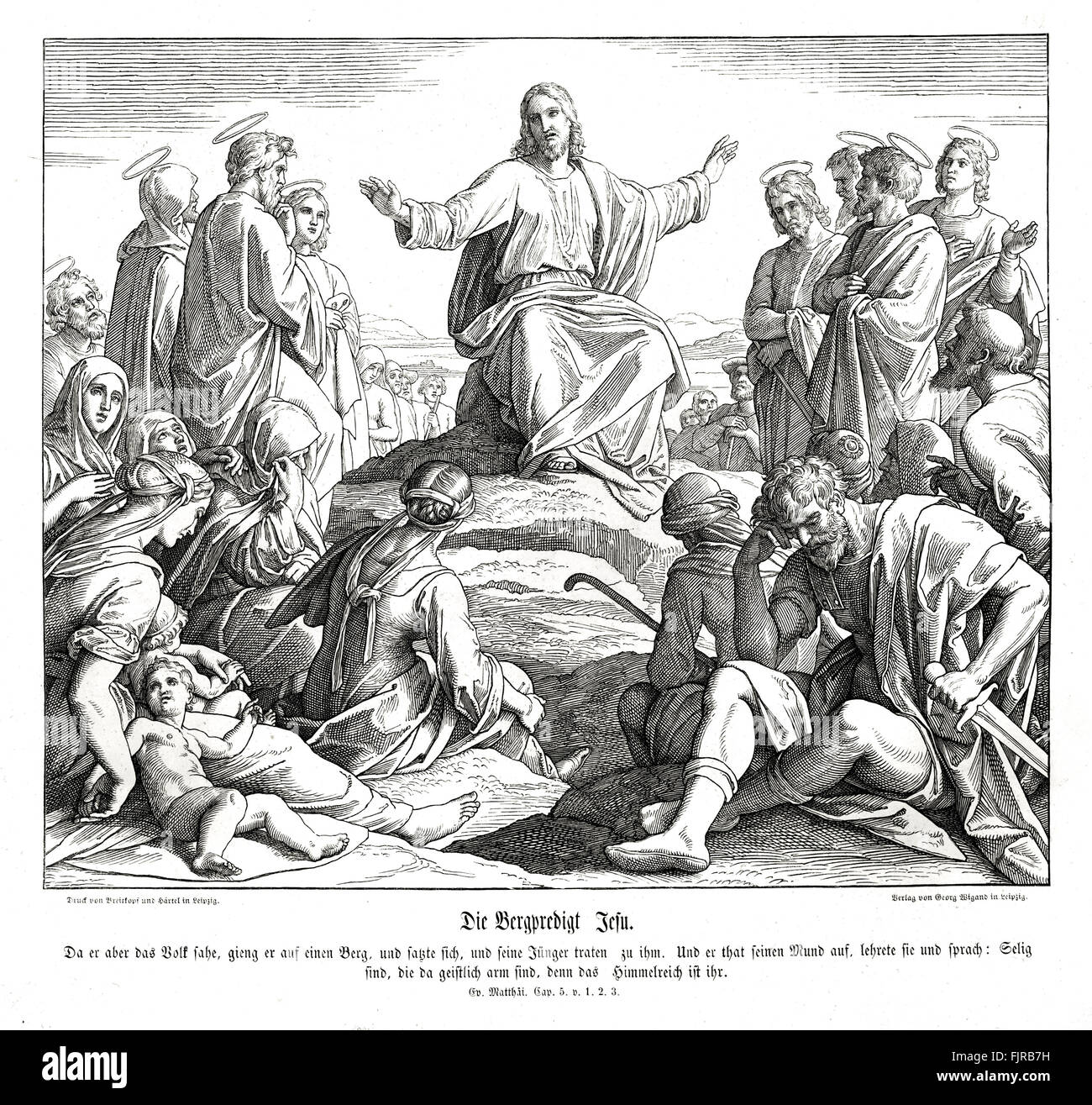Sermon on the Mount, Gospel of Matthew chapter V verses 1 - 3 'And seeing the multitudes, he went up into a mountain: and when he was set, his disciples came unto him: And he opened his mouth, and taught them, saying, Blessed are the poor in spirit: for theirs is the kingdom of heaven.' 1852-60 illustration by Julius Schnorr von Carolsfeld Stock Photo