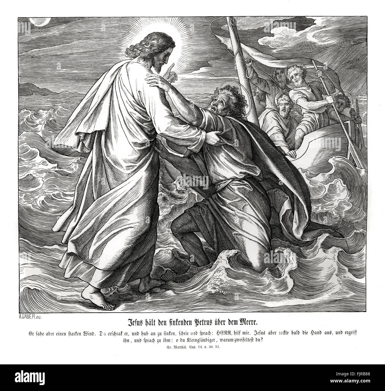 Jesus and Peter walk on water, Gospel of Matthew chapter XIV verses 30 - 31 'But when he saw the wind boisterous, he was afraid; and beginning to sink, he cried, saying, Lord, save me. And immediately Jesus stretched forth his hand, and caught him, and said unto him, O thou of little faith, wherefore didst thou doubt?' 1852-60 illustration by Julius Schnorr von Carolsfeld Stock Photo