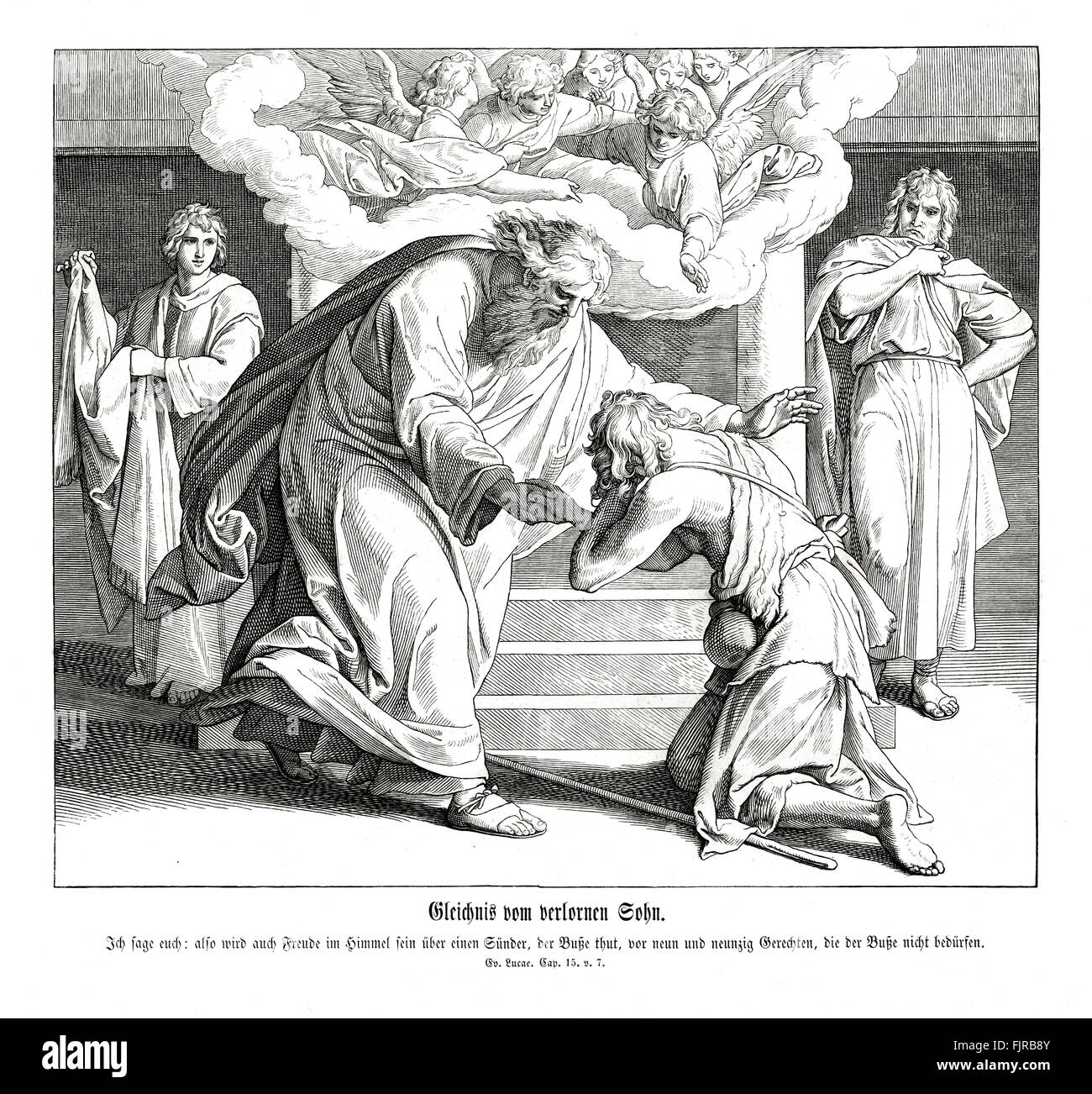 Parable of the prodigal son, Gospel of Luke chapter XV verse 7 'I say unto you, that likewise joy shall be in heaven over one sinner that repenteth, more than over ninety and nine just persons, which need no repentance.' 1852-60 illustration by Julius Schnorr von Carolsfeld Stock Photo